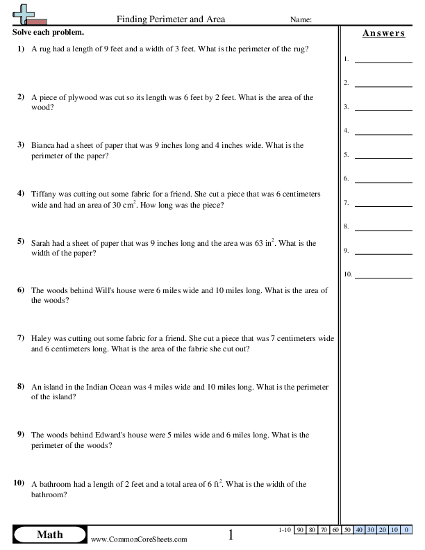 4.md.3 Worksheets - Perimeter - Area (Words) worksheet